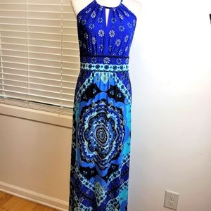 B. Calm floral scarf dress high neck maxi watercolor patch quilt sleveless